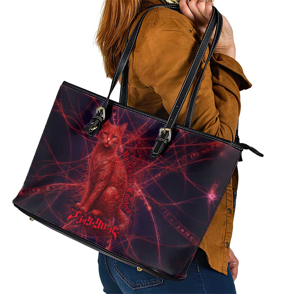 Vanessa Enoteca Black Clover Leather Tote Bag Arcane Thread Magic Style with Mystic Red Cat Motif