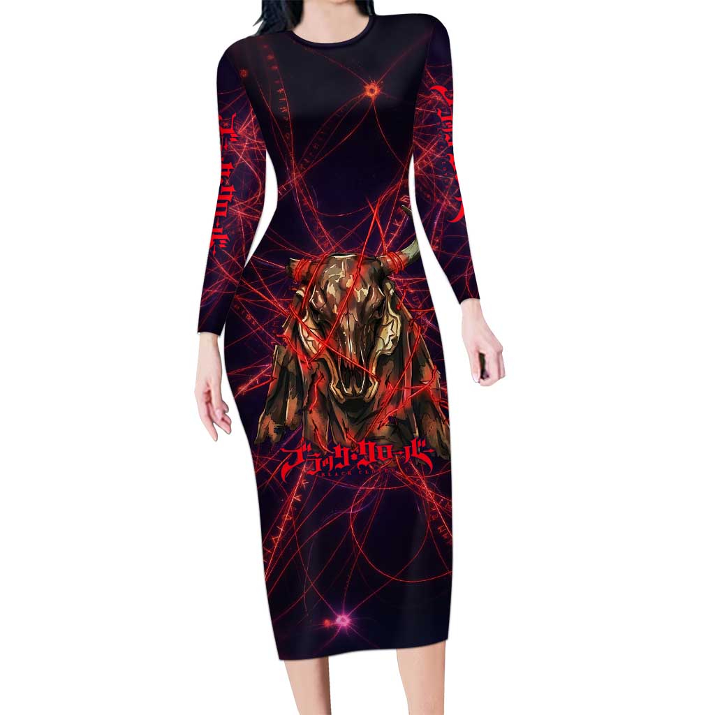 Vanessa Enoteca Black Clover Long Sleeve Bodycon Dress Arcane Thread Magic Style with Mystic Red Cat Motif