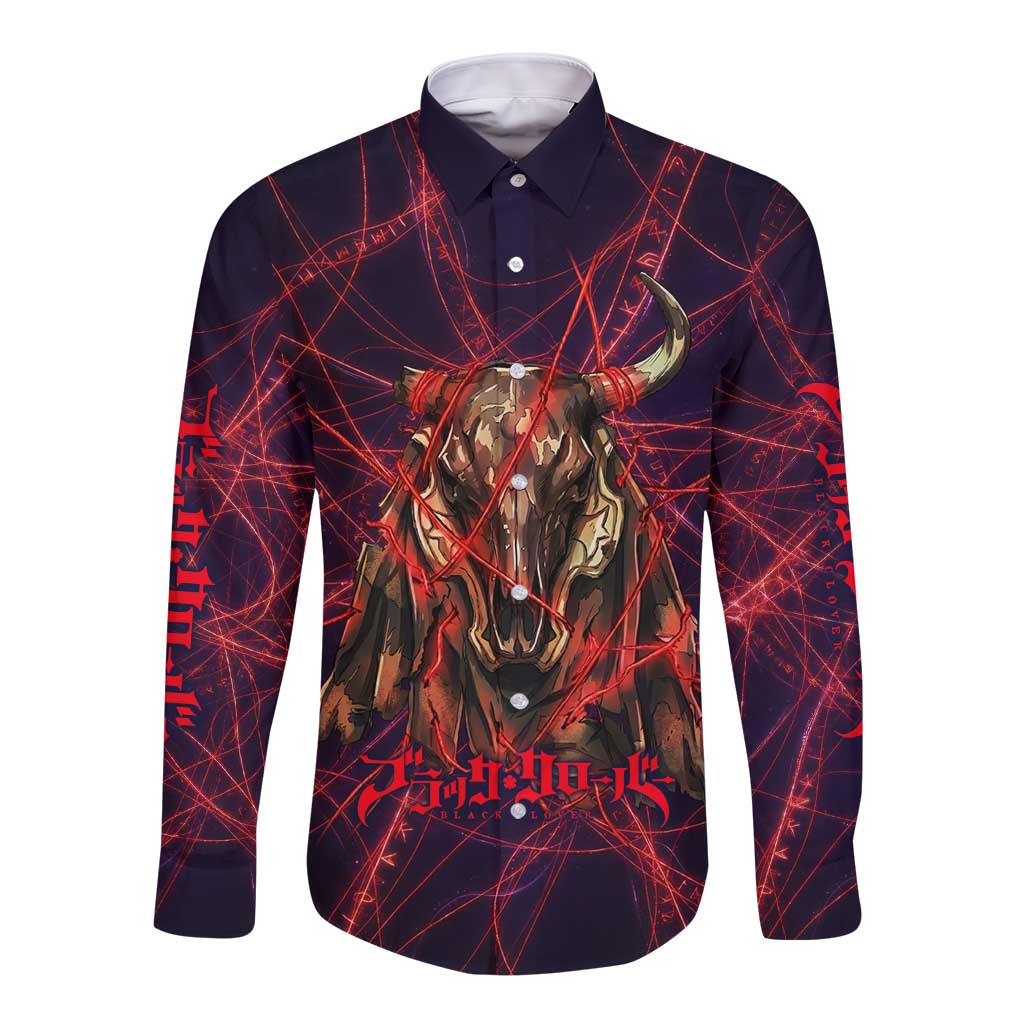 Vanessa Enoteca Black Clover Long Sleeve Button Shirt Arcane Thread Magic Style with Mystic Red Cat Motif