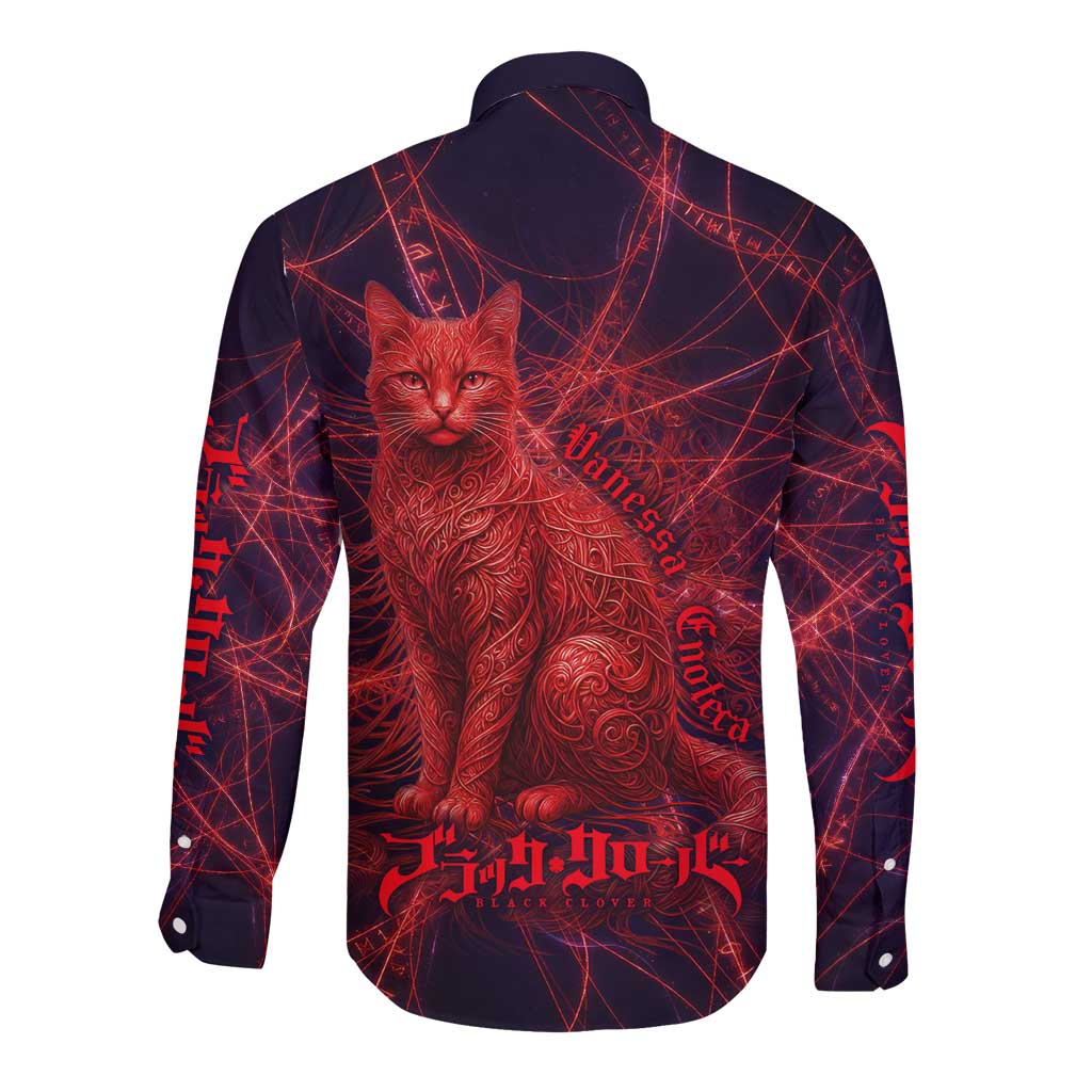 Vanessa Enoteca Black Clover Long Sleeve Button Shirt Arcane Thread Magic Style with Mystic Red Cat Motif