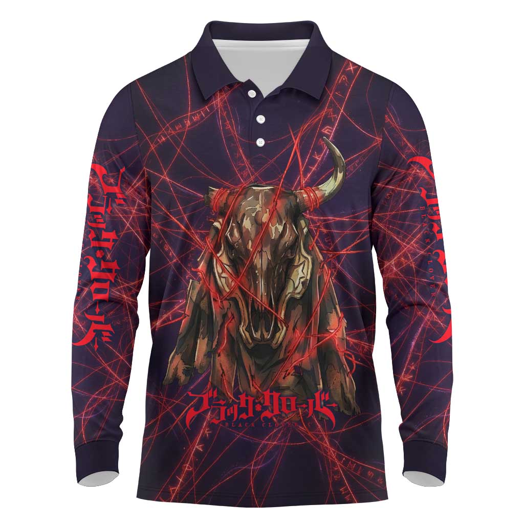 Vanessa Enoteca Black Clover Long Sleeve Polo Shirt Arcane Thread Magic Style with Mystic Red Cat Motif