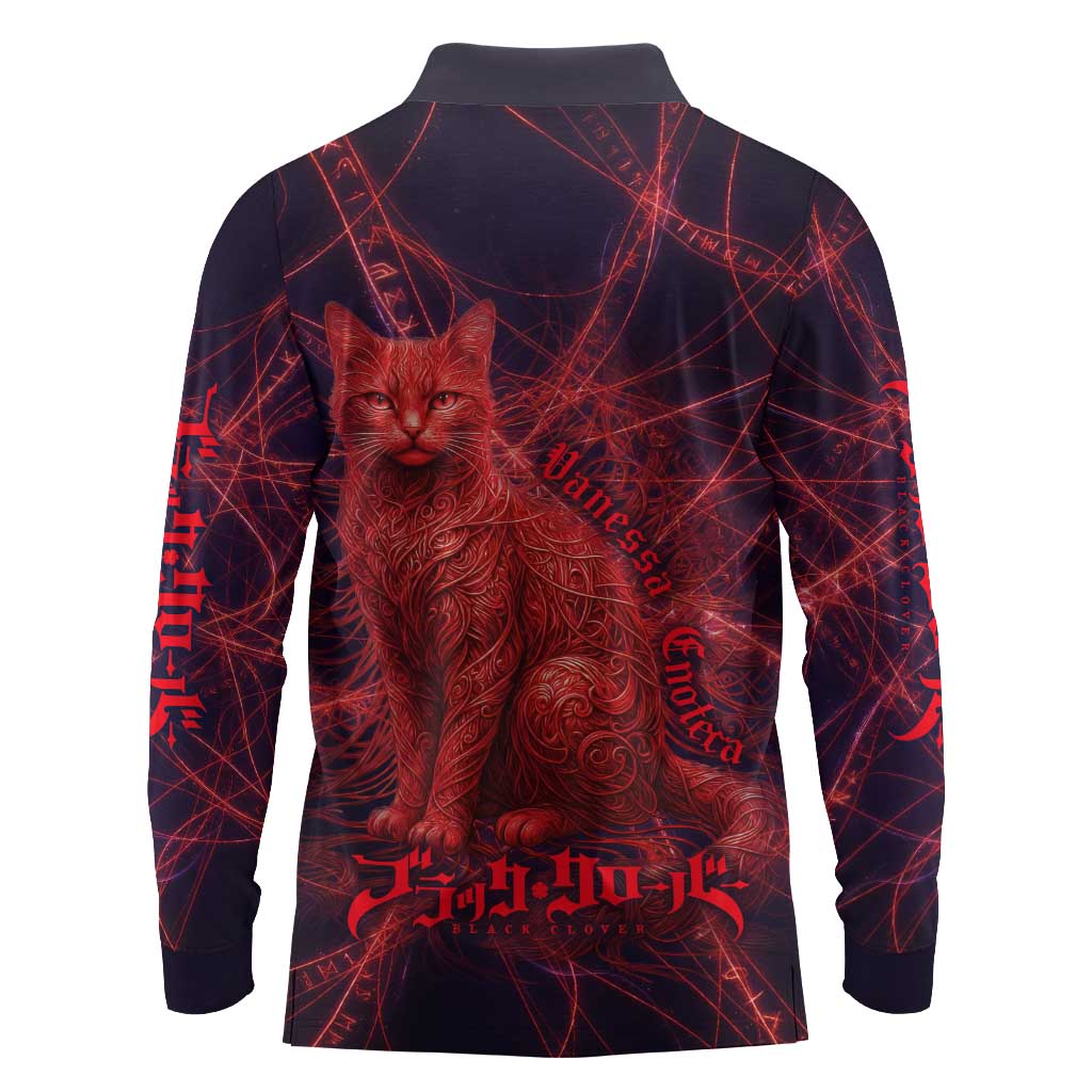 Vanessa Enoteca Black Clover Long Sleeve Polo Shirt Arcane Thread Magic Style with Mystic Red Cat Motif