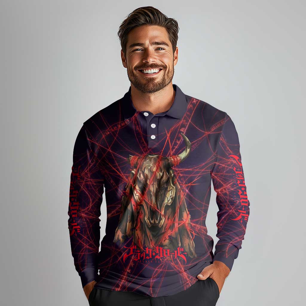 Vanessa Enoteca Black Clover Long Sleeve Polo Shirt Arcane Thread Magic Style with Mystic Red Cat Motif