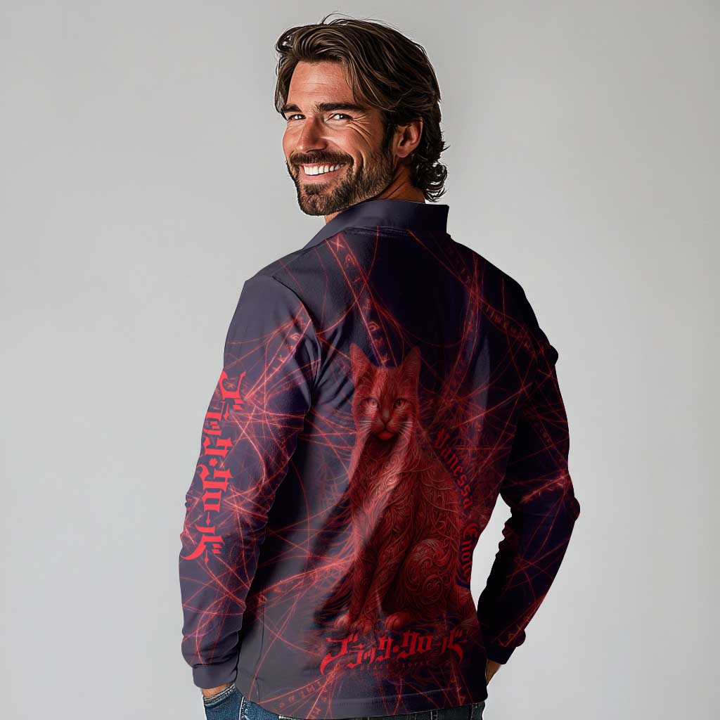 Vanessa Enoteca Black Clover Long Sleeve Polo Shirt Arcane Thread Magic Style with Mystic Red Cat Motif