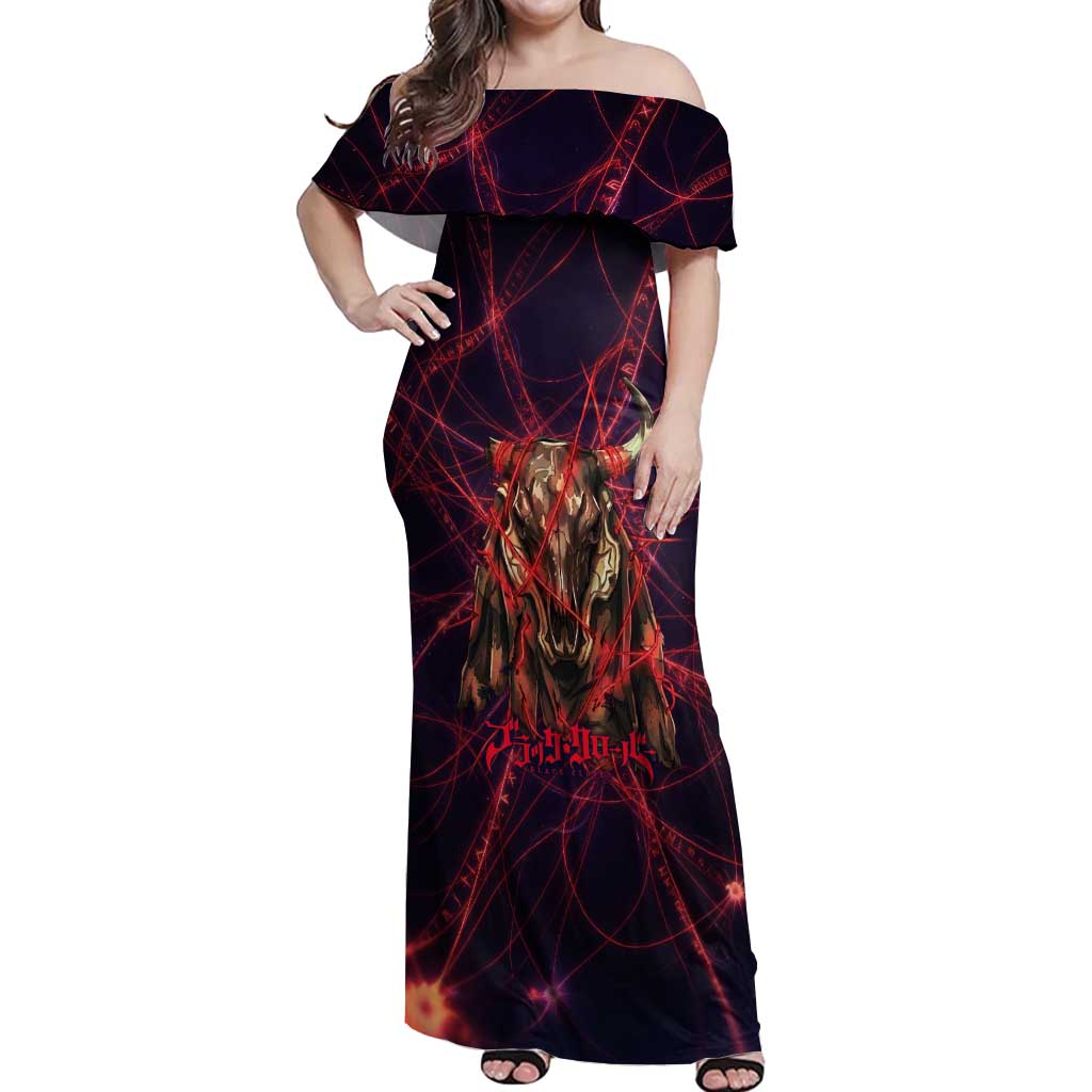Vanessa Enoteca Black Clover Off Shoulder Maxi Dress Arcane Thread Magic Style with Mystic Red Cat Motif