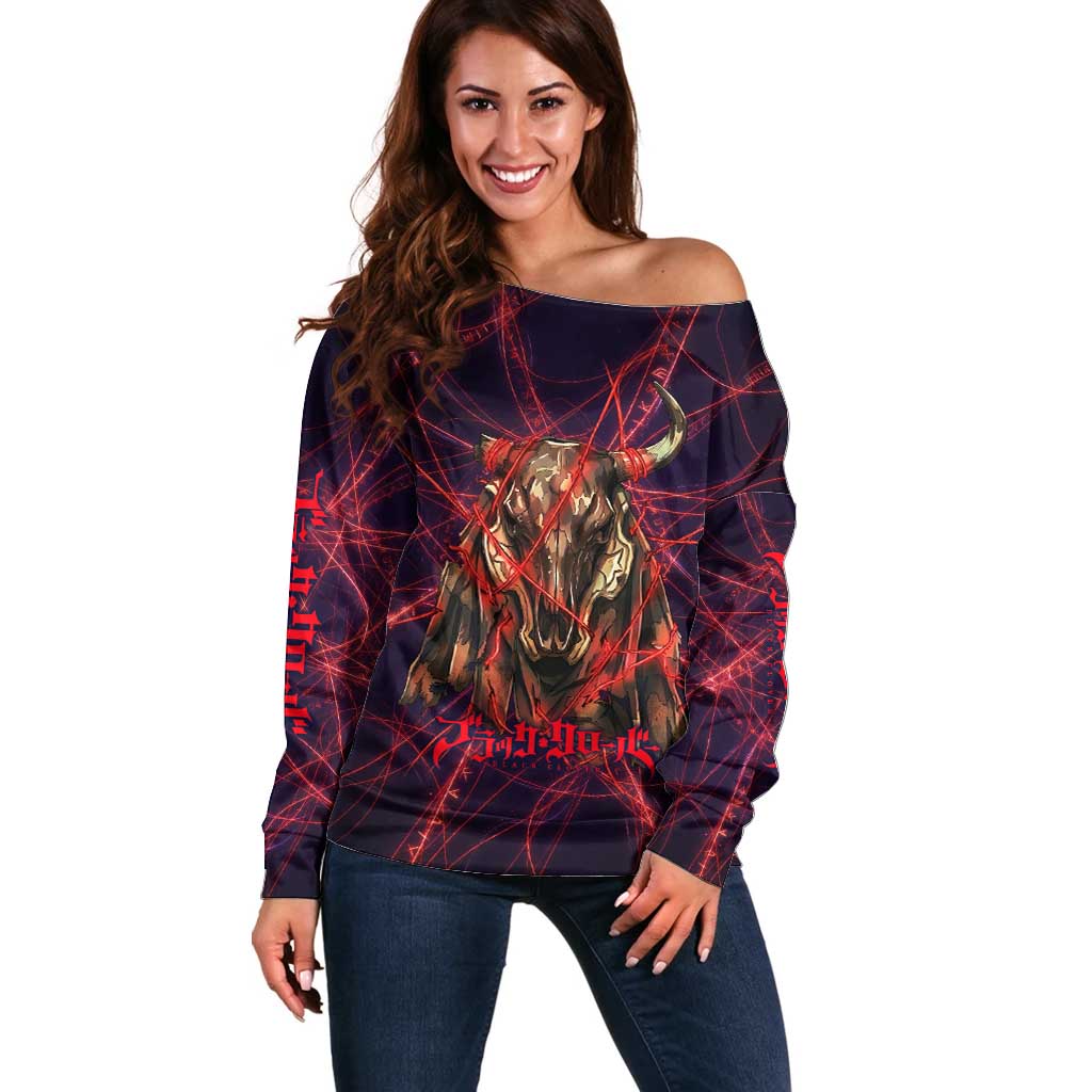 Vanessa Enoteca Black Clover Off Shoulder Sweater Arcane Thread Magic Style with Mystic Red Cat Motif