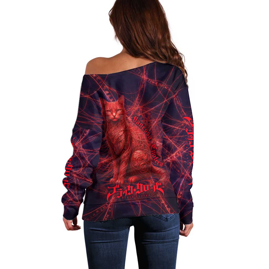 Vanessa Enoteca Black Clover Off Shoulder Sweater Arcane Thread Magic Style with Mystic Red Cat Motif