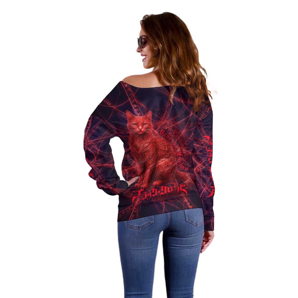Vanessa Enoteca Black Clover Off Shoulder Sweater Arcane Thread Magic Style with Mystic Red Cat Motif