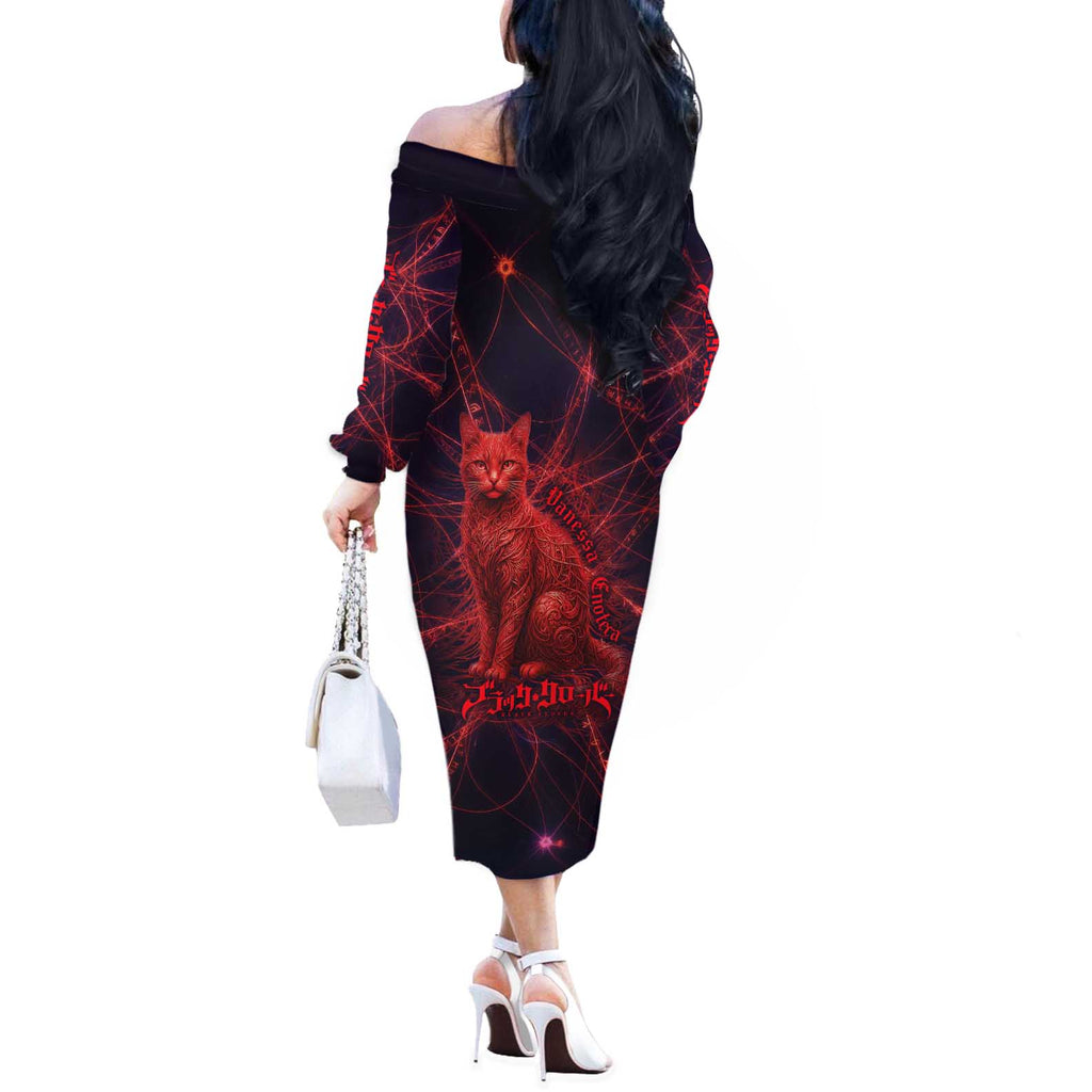 Vanessa Enoteca Black Clover Off The Shoulder Long Sleeve Dress Arcane Thread Magic Style with Mystic Red Cat Motif