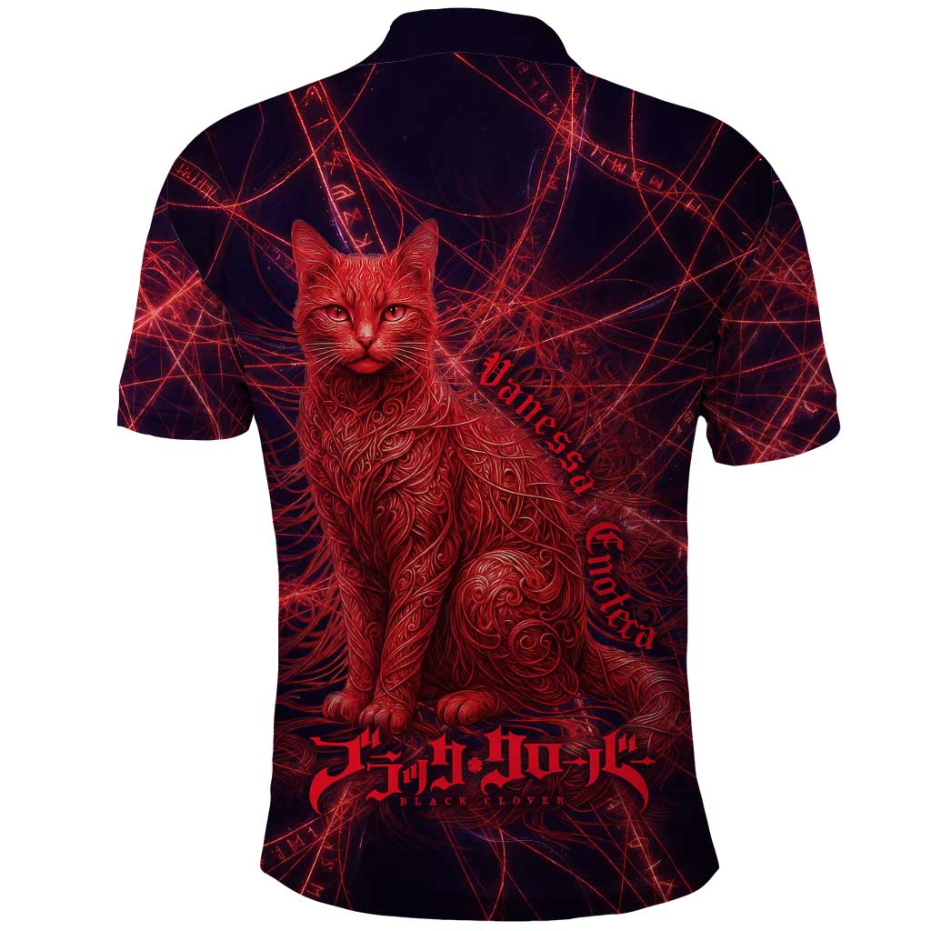 Vanessa Enoteca Black Clover Polo Shirt Arcane Thread Magic Style with Mystic Red Cat Motif
