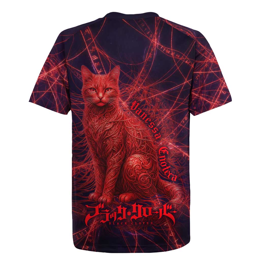 Vanessa Enoteca Black Clover Rugby Jersey Arcane Thread Magic Style with Mystic Red Cat Motif