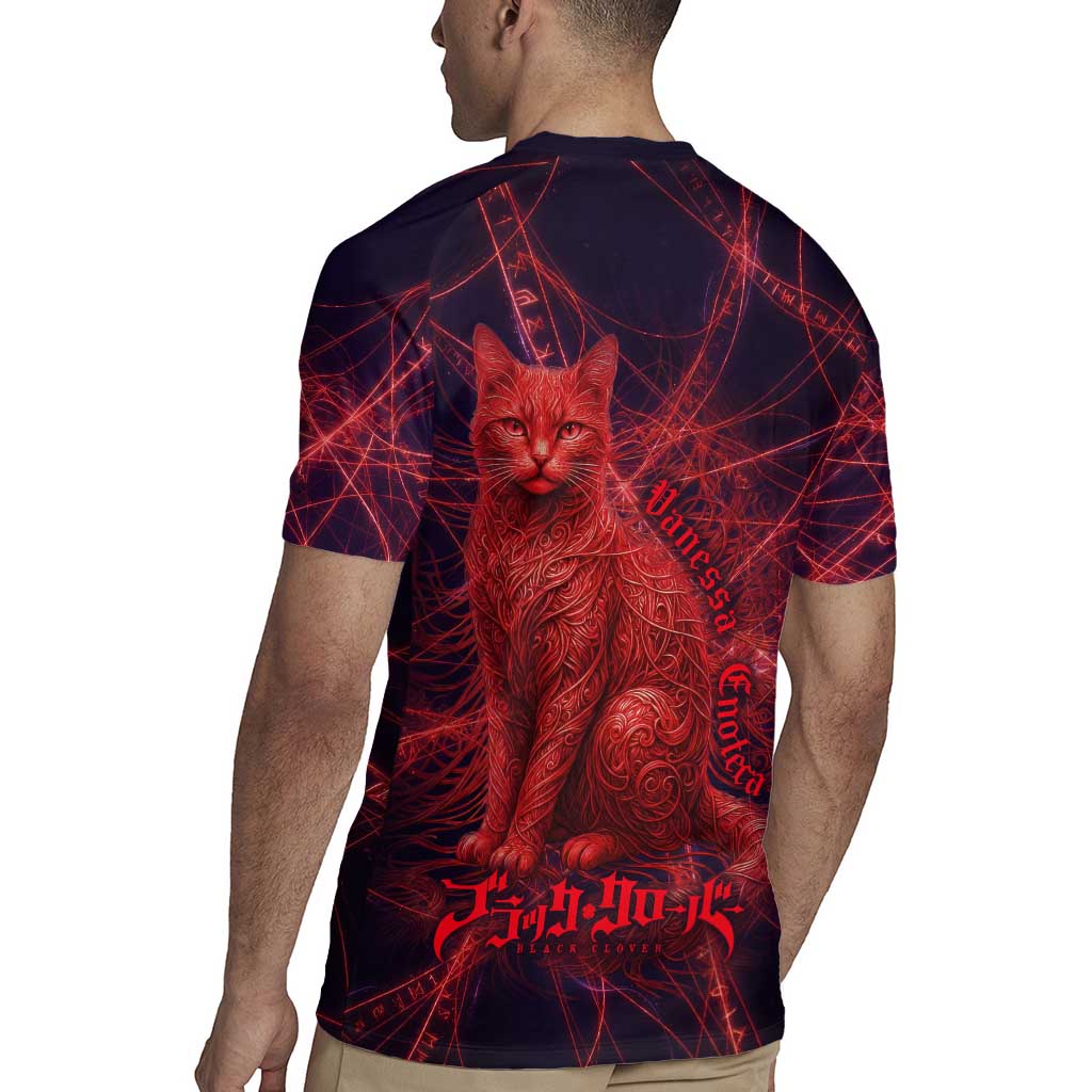 Vanessa Enoteca Black Clover Rugby Jersey Arcane Thread Magic Style with Mystic Red Cat Motif