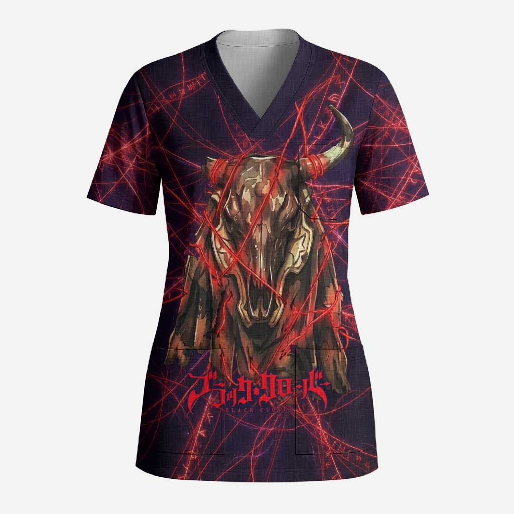 Vanessa Enoteca Black Clover Scrub Top Arcane Thread Magic Style with Mystic Red Cat Motif