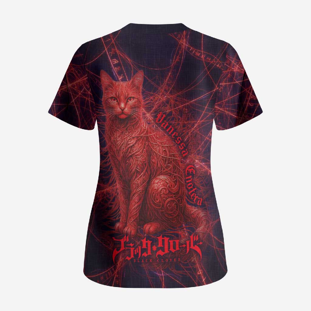 Vanessa Enoteca Black Clover Scrub Top Arcane Thread Magic Style with Mystic Red Cat Motif