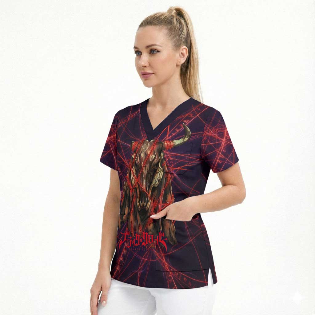 Vanessa Enoteca Black Clover Scrub Top Arcane Thread Magic Style with Mystic Red Cat Motif