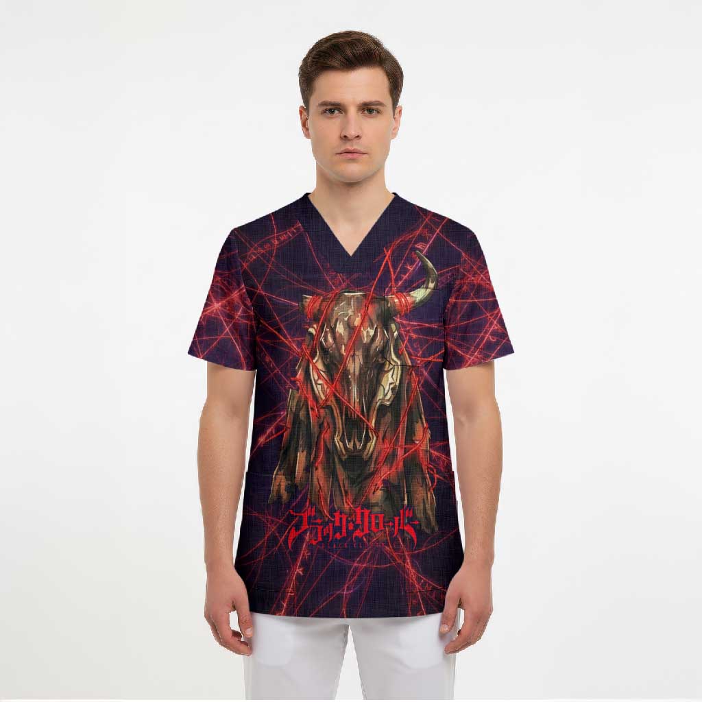 Vanessa Enoteca Black Clover Scrub Top Arcane Thread Magic Style with Mystic Red Cat Motif