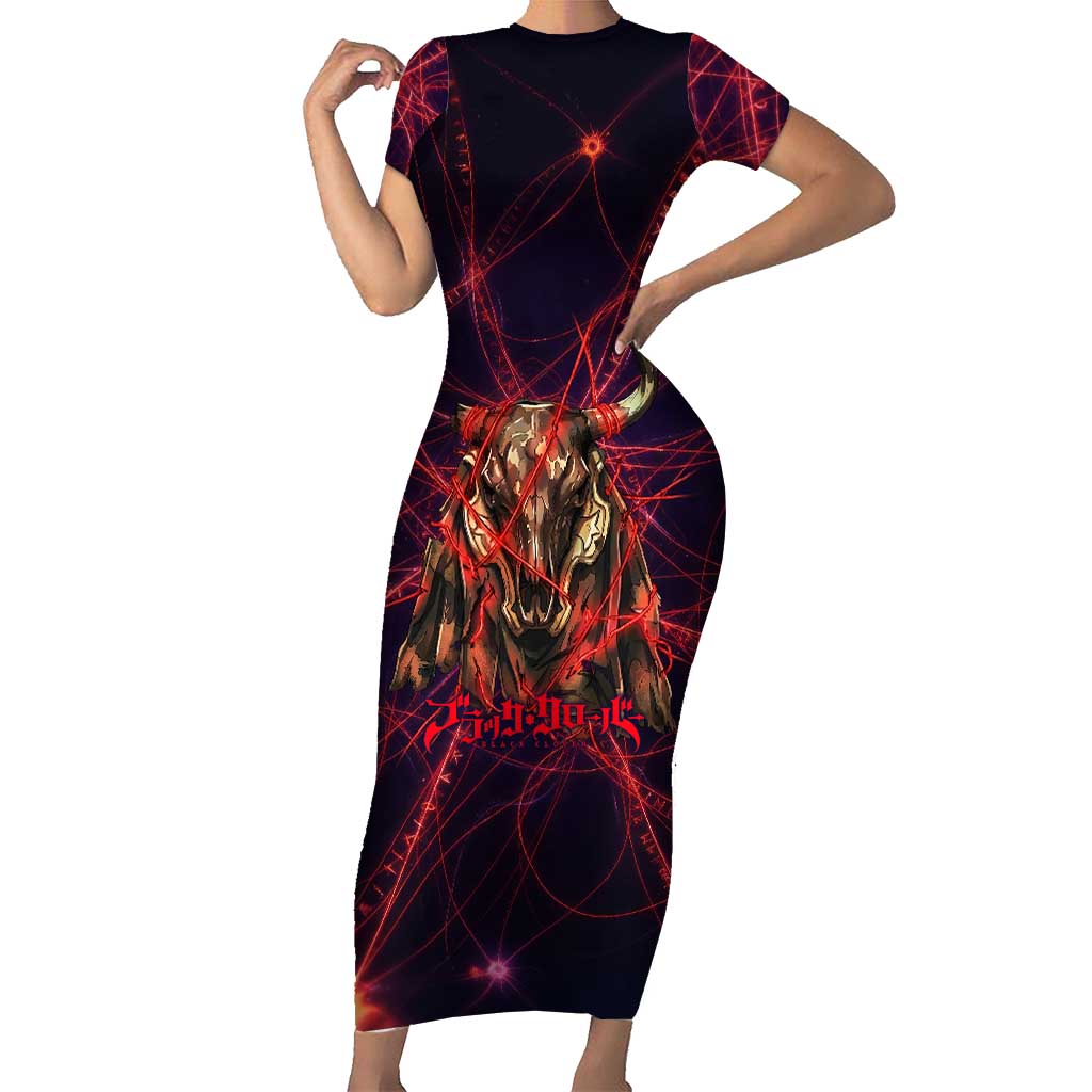 Vanessa Enoteca Black Clover Short Sleeve Bodycon Dress Arcane Thread Magic Style with Mystic Red Cat Motif