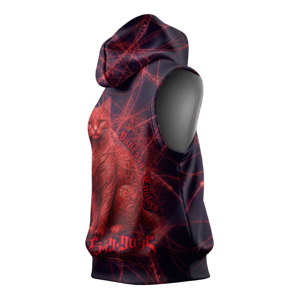 Vanessa Enoteca Black Clover Sleeveless Hoodie Arcane Thread Magic Style with Mystic Red Cat Motif