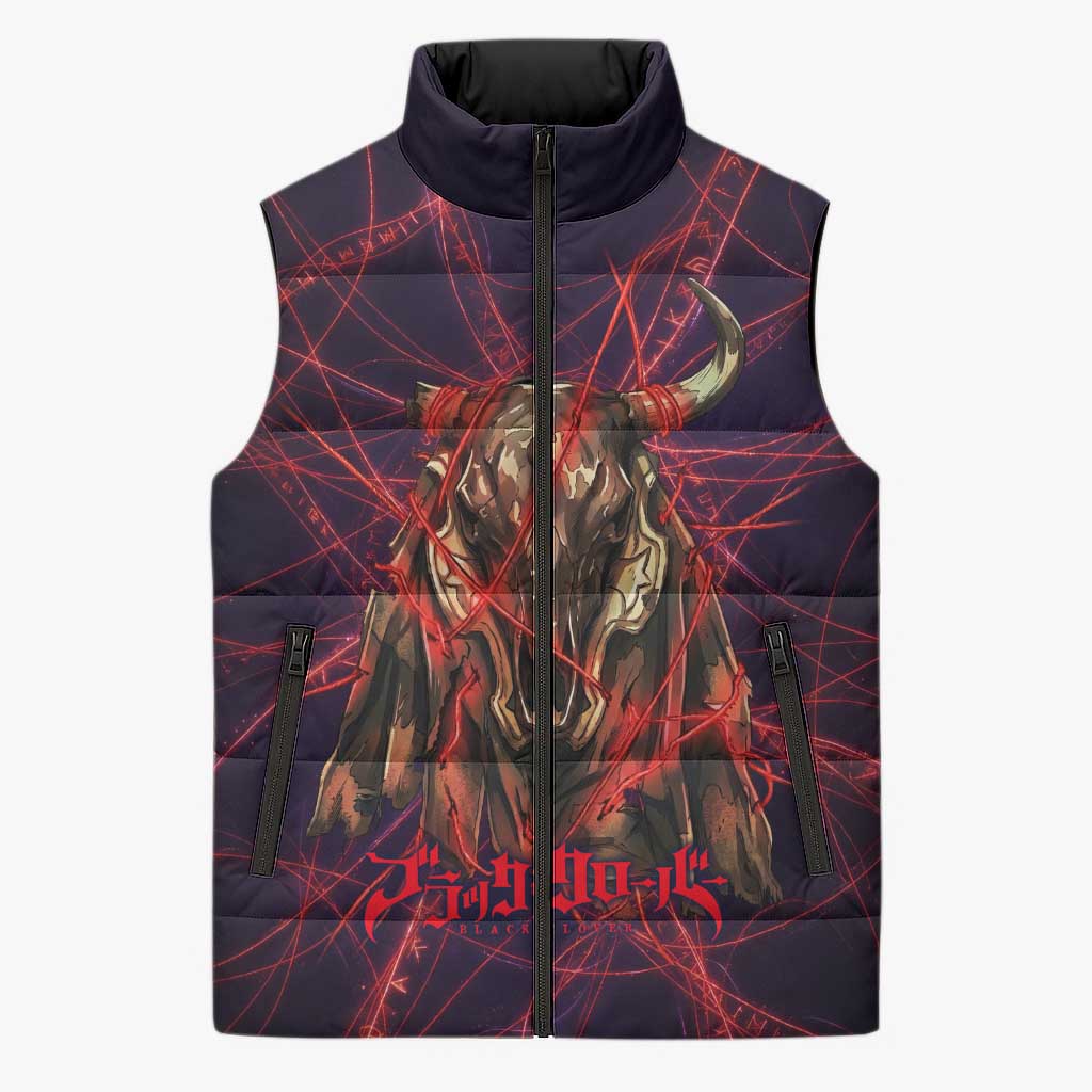 Vanessa Enoteca Black Clover Sleeveless Puffer Jacket Arcane Thread Magic Style with Mystic Red Cat Motif