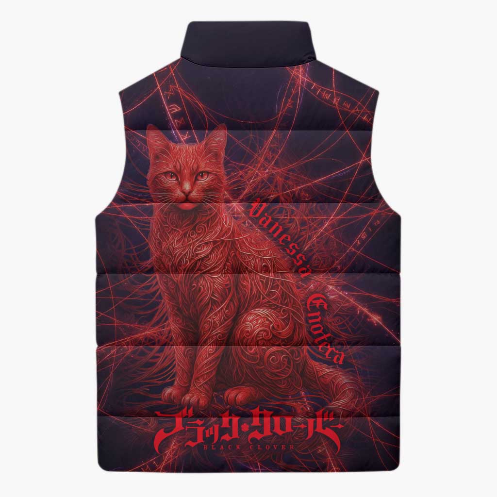 Vanessa Enoteca Black Clover Sleeveless Puffer Jacket Arcane Thread Magic Style with Mystic Red Cat Motif