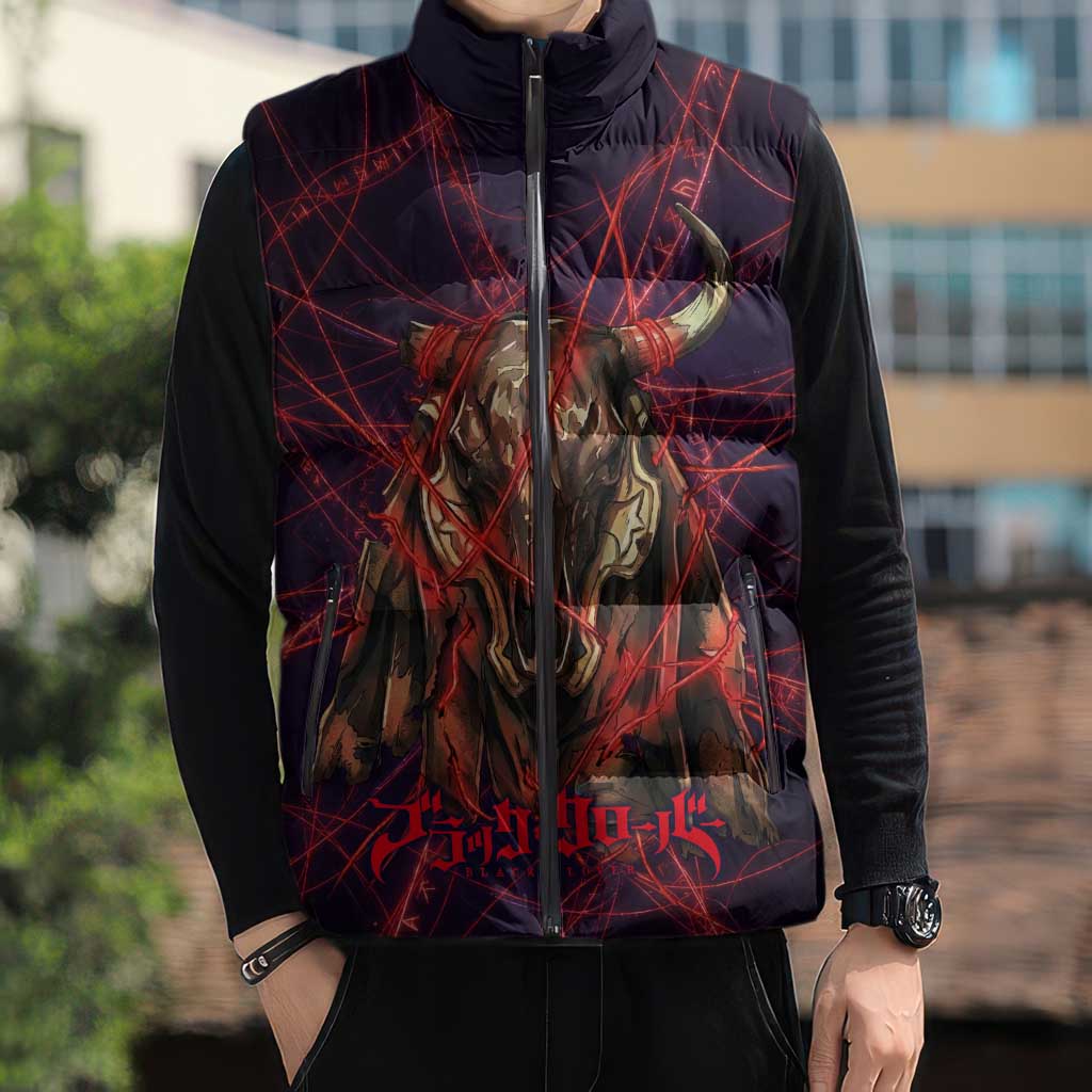 Vanessa Enoteca Black Clover Sleeveless Puffer Jacket Arcane Thread Magic Style with Mystic Red Cat Motif