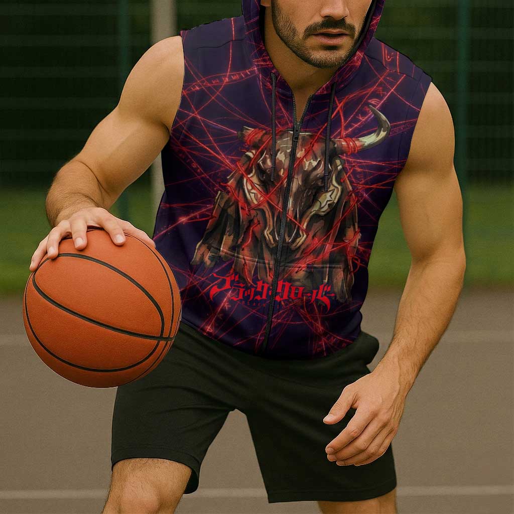 Vanessa Enoteca Black Clover Sleeveless Zip Hoodie Arcane Thread Magic Style with Mystic Red Cat Motif