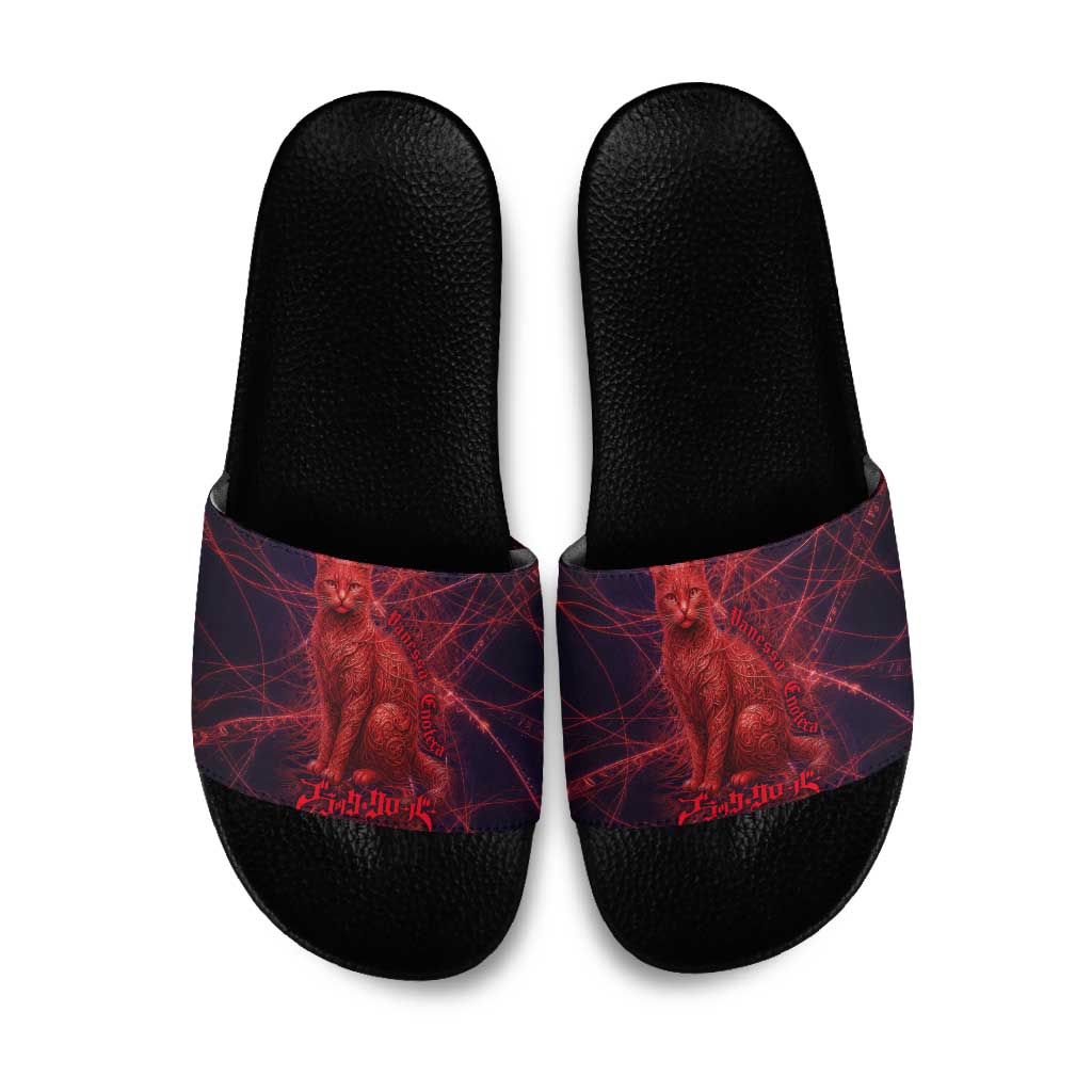 Vanessa Enoteca Black Clover Slide Sandals Arcane Thread Magic Style with Mystic Red Cat Motif
