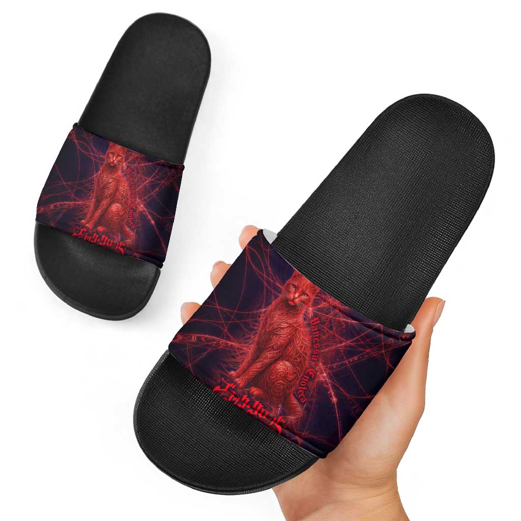 Vanessa Enoteca Black Clover Slide Sandals Arcane Thread Magic Style with Mystic Red Cat Motif