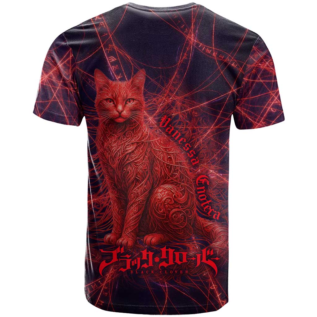Vanessa Enoteca Black Clover T Shirt Arcane Thread Magic Style with Mystic Red Cat Motif