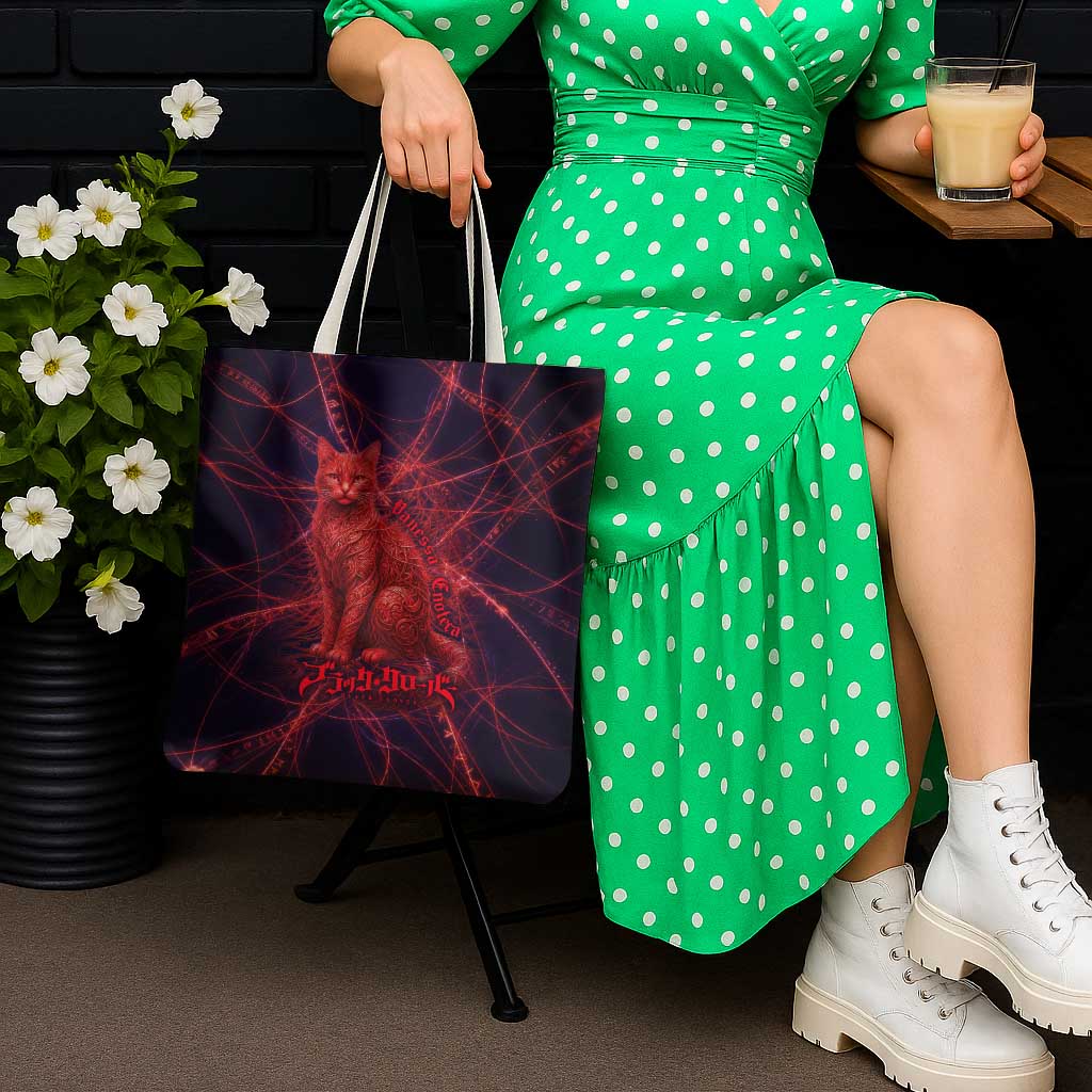 Vanessa Enoteca Black Clover Tote Bag Arcane Thread Magic Style with Mystic Red Cat Motif