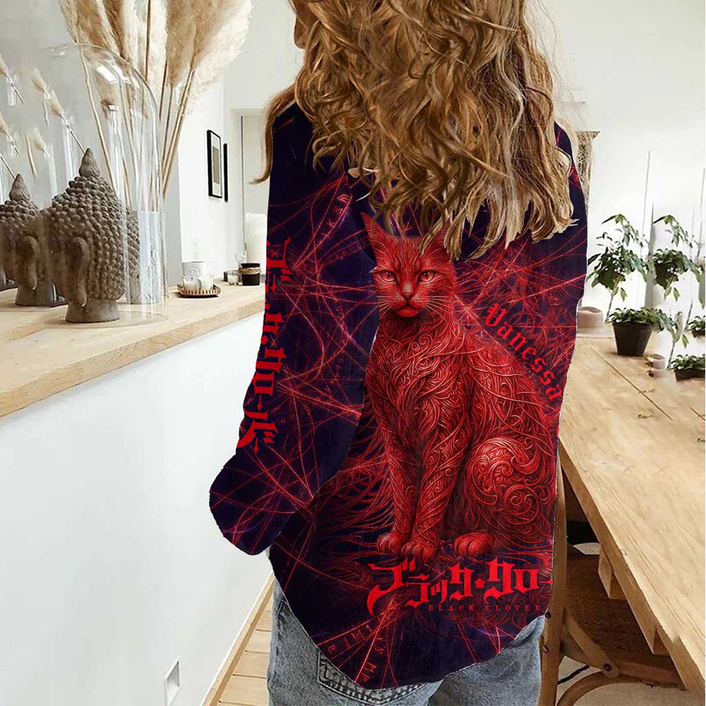 Vanessa Enoteca Black Clover Women Casual Shirt Arcane Thread Magic Style with Mystic Red Cat Motif