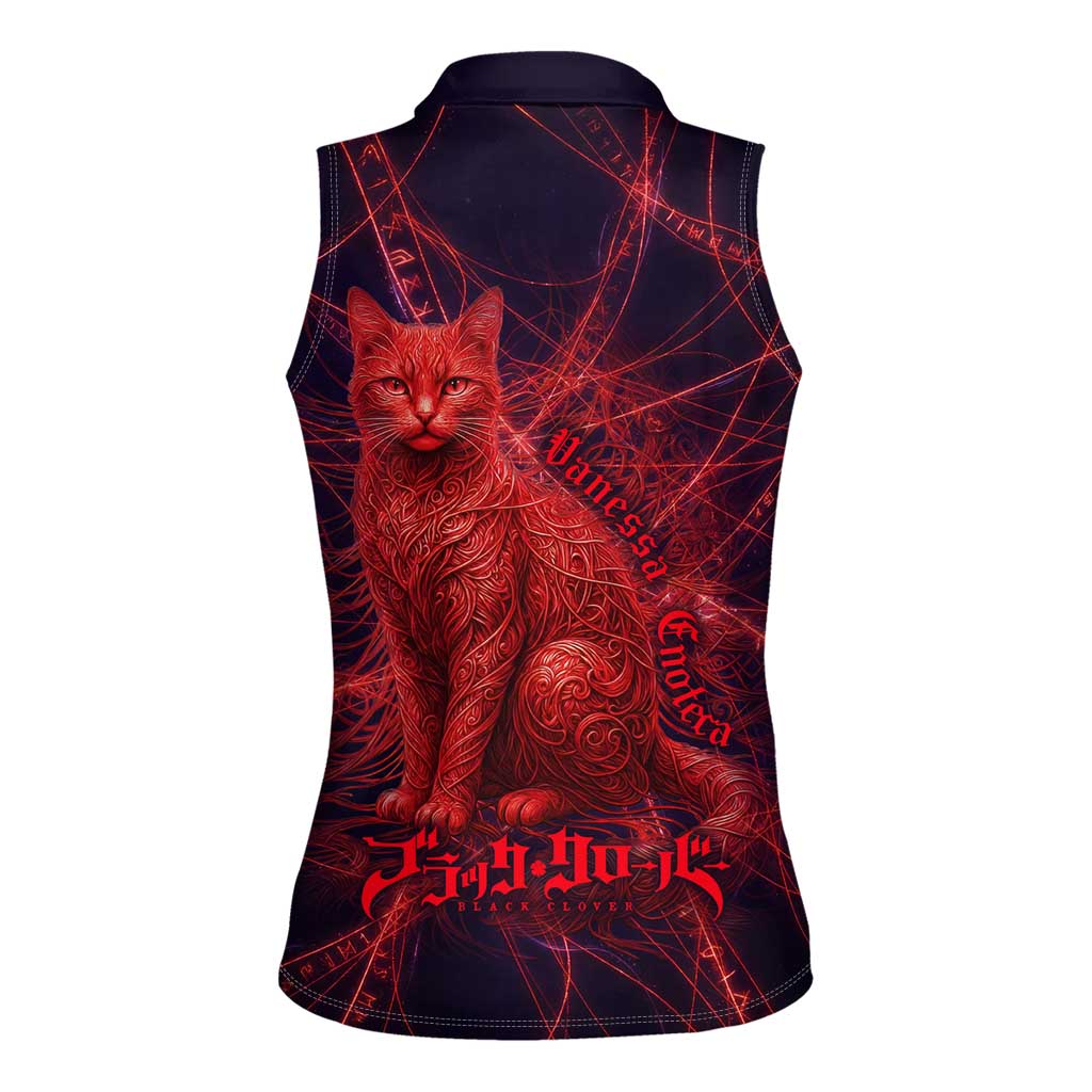 Vanessa Enoteca Black Clover Women Sleeveless Polo Shirt Arcane Thread Magic Style with Mystic Red Cat Motif