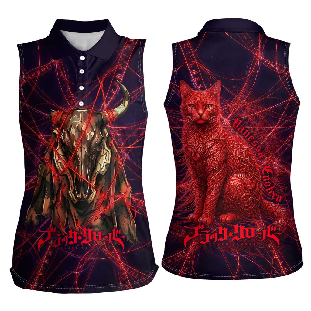 Vanessa Enoteca Black Clover Women Sleeveless Polo Shirt Arcane Thread Magic Style with Mystic Red Cat Motif