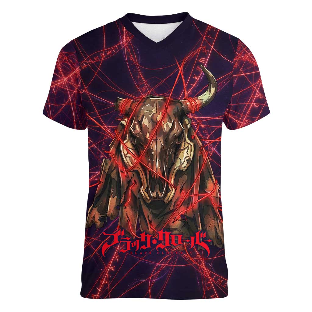 Vanessa Enoteca Black Clover Women V-Neck T-Shirt Arcane Thread Magic Style with Mystic Red Cat Motif