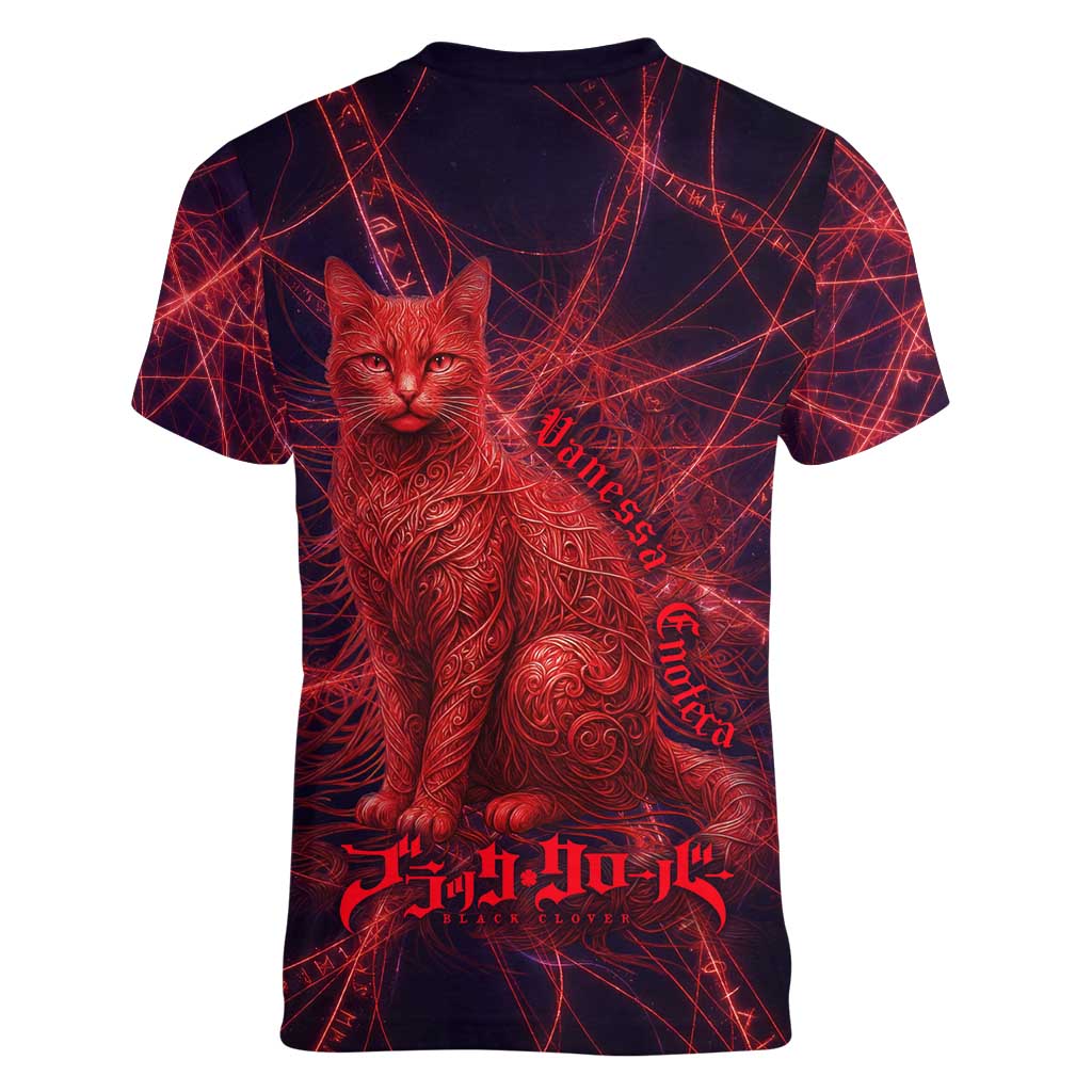 Vanessa Enoteca Black Clover Women V-Neck T-Shirt Arcane Thread Magic Style with Mystic Red Cat Motif