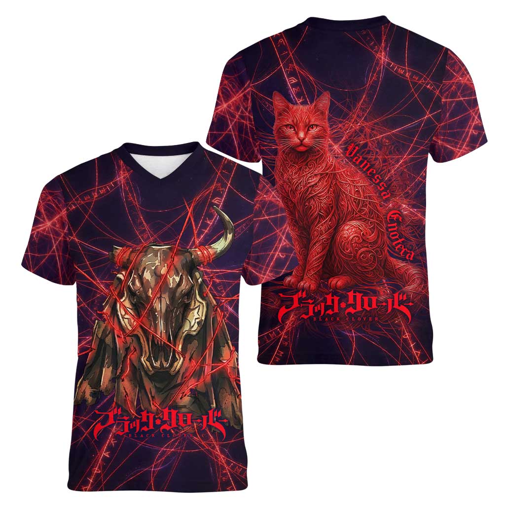 Vanessa Enoteca Black Clover Women V-Neck T-Shirt Arcane Thread Magic Style with Mystic Red Cat Motif