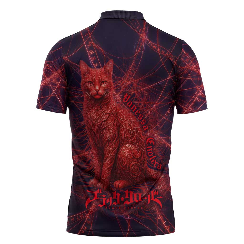 Vanessa Enoteca Black Clover Zipper Polo Shirt Arcane Thread Magic Style with Mystic Red Cat Motif