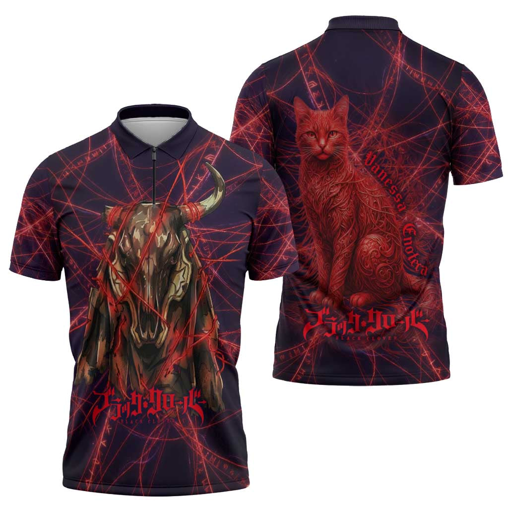 Vanessa Enoteca Black Clover Zipper Polo Shirt Arcane Thread Magic Style with Mystic Red Cat Motif