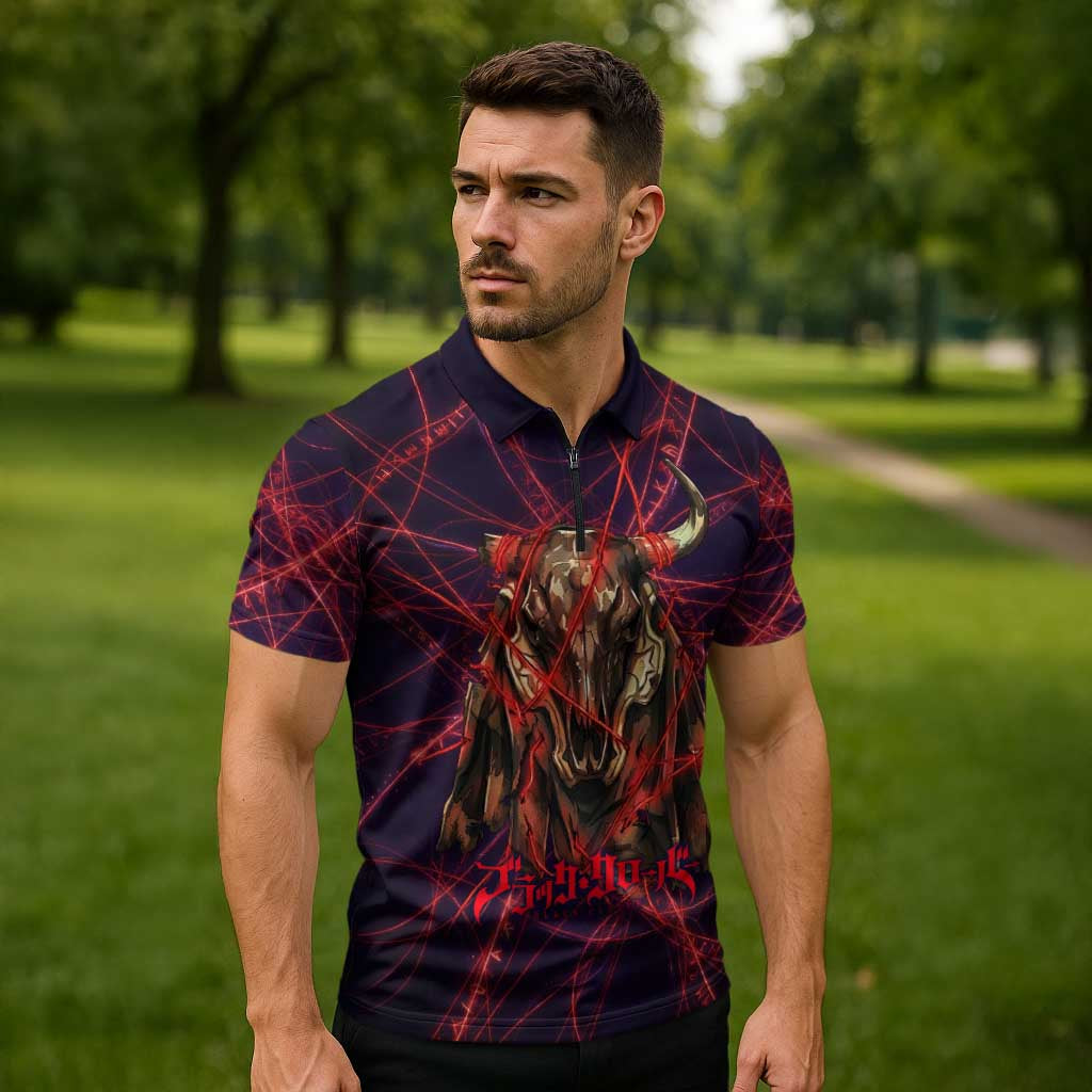Vanessa Enoteca Black Clover Zipper Polo Shirt Arcane Thread Magic Style with Mystic Red Cat Motif