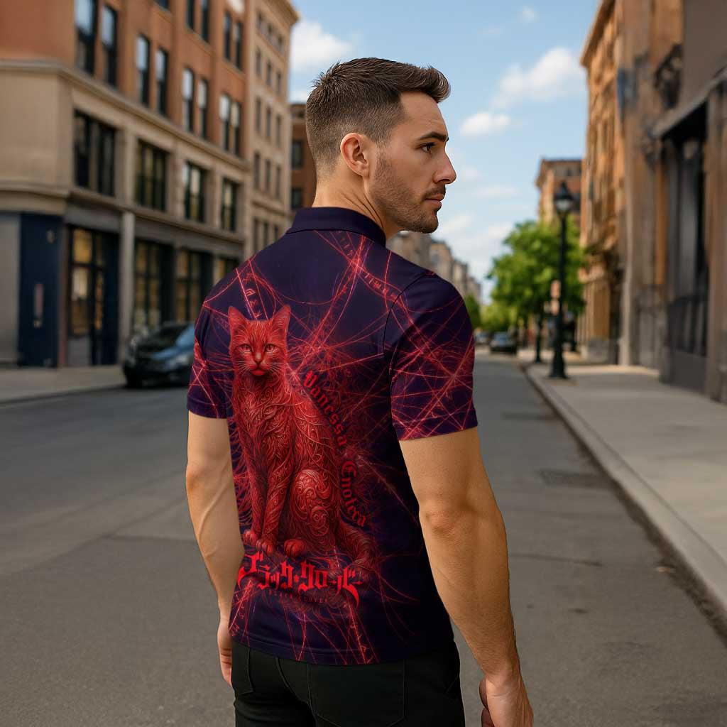 Vanessa Enoteca Black Clover Zipper Polo Shirt Arcane Thread Magic Style with Mystic Red Cat Motif