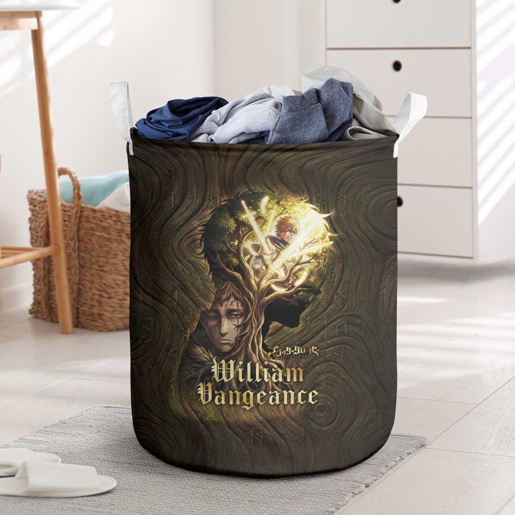 William Vangeance Black Clover Laundry Basket Enchanted Woodgrain Style with Duality and Golden Mask Motif