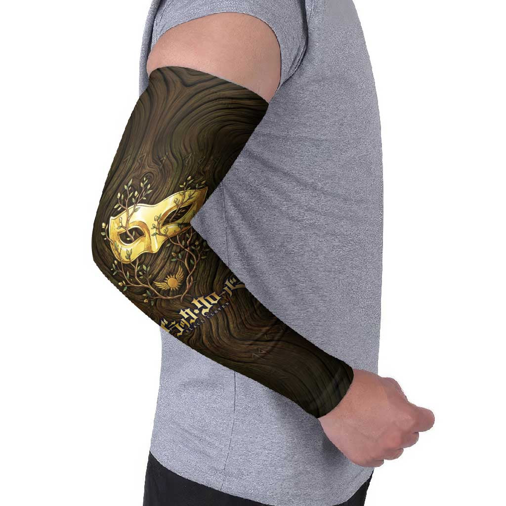 William Vangeance Black Clover Arm Sleeves Enchanted Woodgrain Style with Duality and Golden Mask Motif