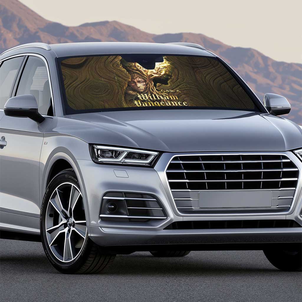 William Vangeance Black Clover Auto Sun Shade Enchanted Woodgrain Style with Duality and Golden Mask Motif