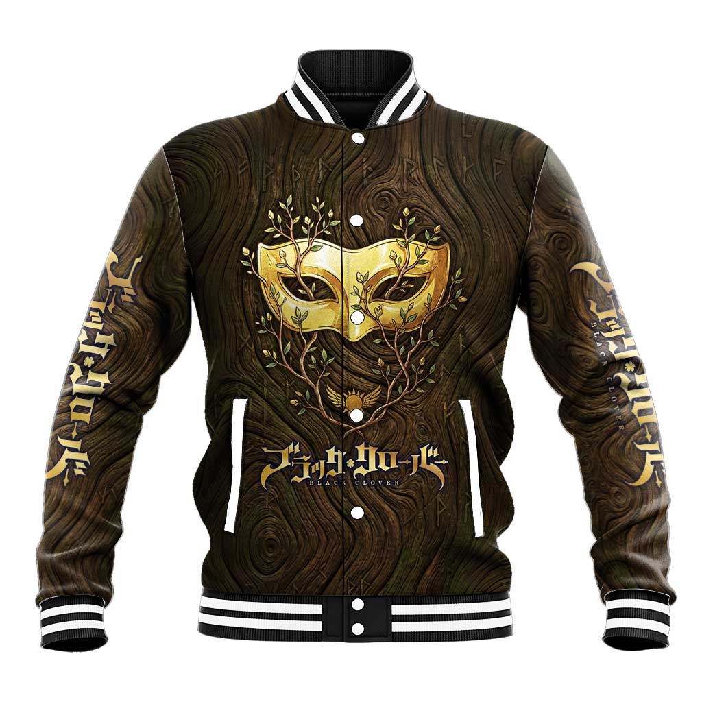 William Vangeance Black Clover Baseball Jacket Enchanted Woodgrain Style with Duality and Golden Mask Motif