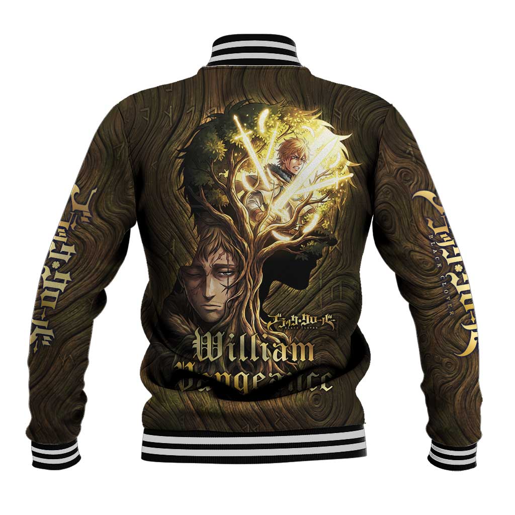 William Vangeance Black Clover Baseball Jacket Enchanted Woodgrain Style with Duality and Golden Mask Motif