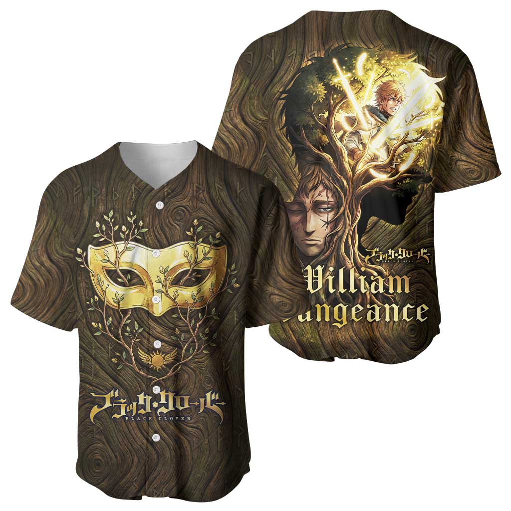 William Vangeance Black Clover Baseball Jersey Enchanted Woodgrain Style with Duality and Golden Mask Motif