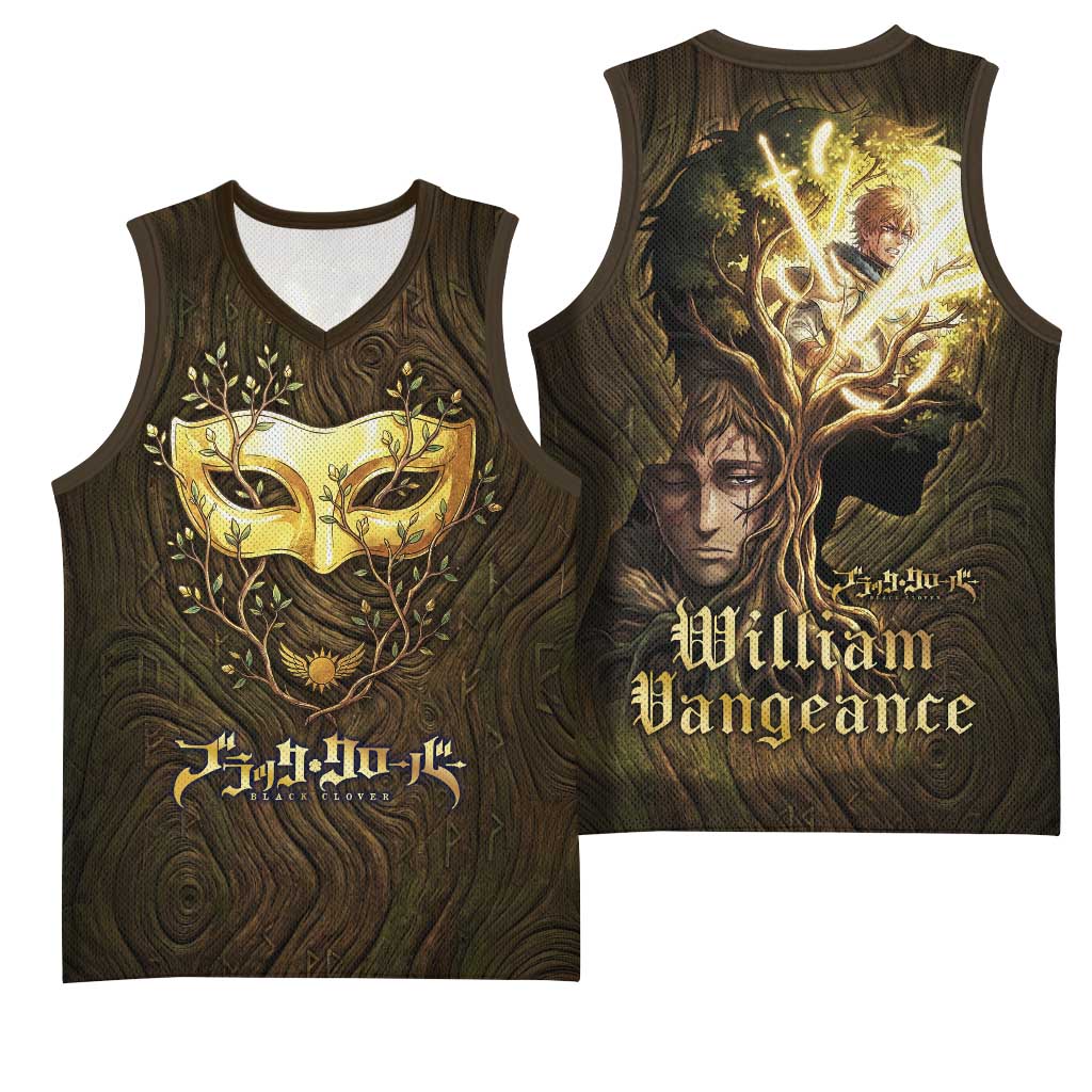 William Vangeance Black Clover Basketball Jersey Enchanted Woodgrain Style with Duality and Golden Mask Motif