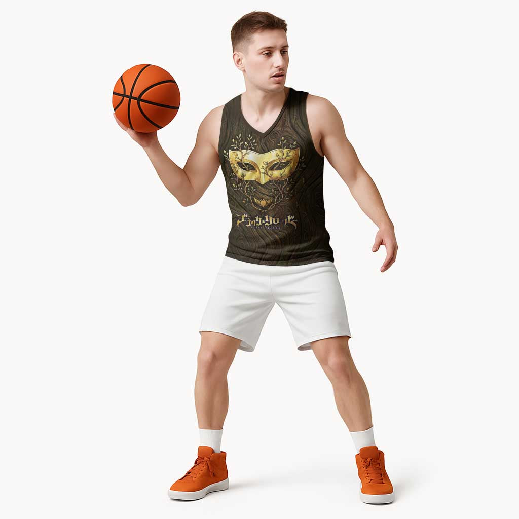 William Vangeance Black Clover Basketball Jersey Enchanted Woodgrain Style with Duality and Golden Mask Motif