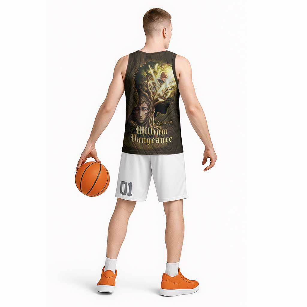 William Vangeance Black Clover Basketball Jersey Enchanted Woodgrain Style with Duality and Golden Mask Motif
