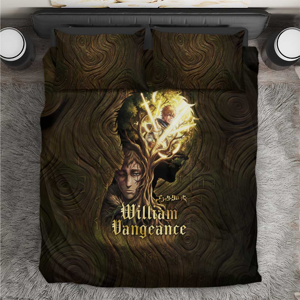 William Vangeance Black Clover Bedding Set Enchanted Woodgrain Style with Duality and Golden Mask Motif